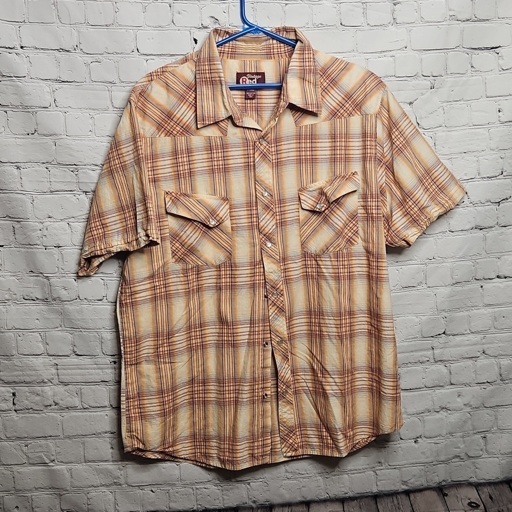 Vintage Red Plaid Short Sleeve Snap Button Shirt XLarge